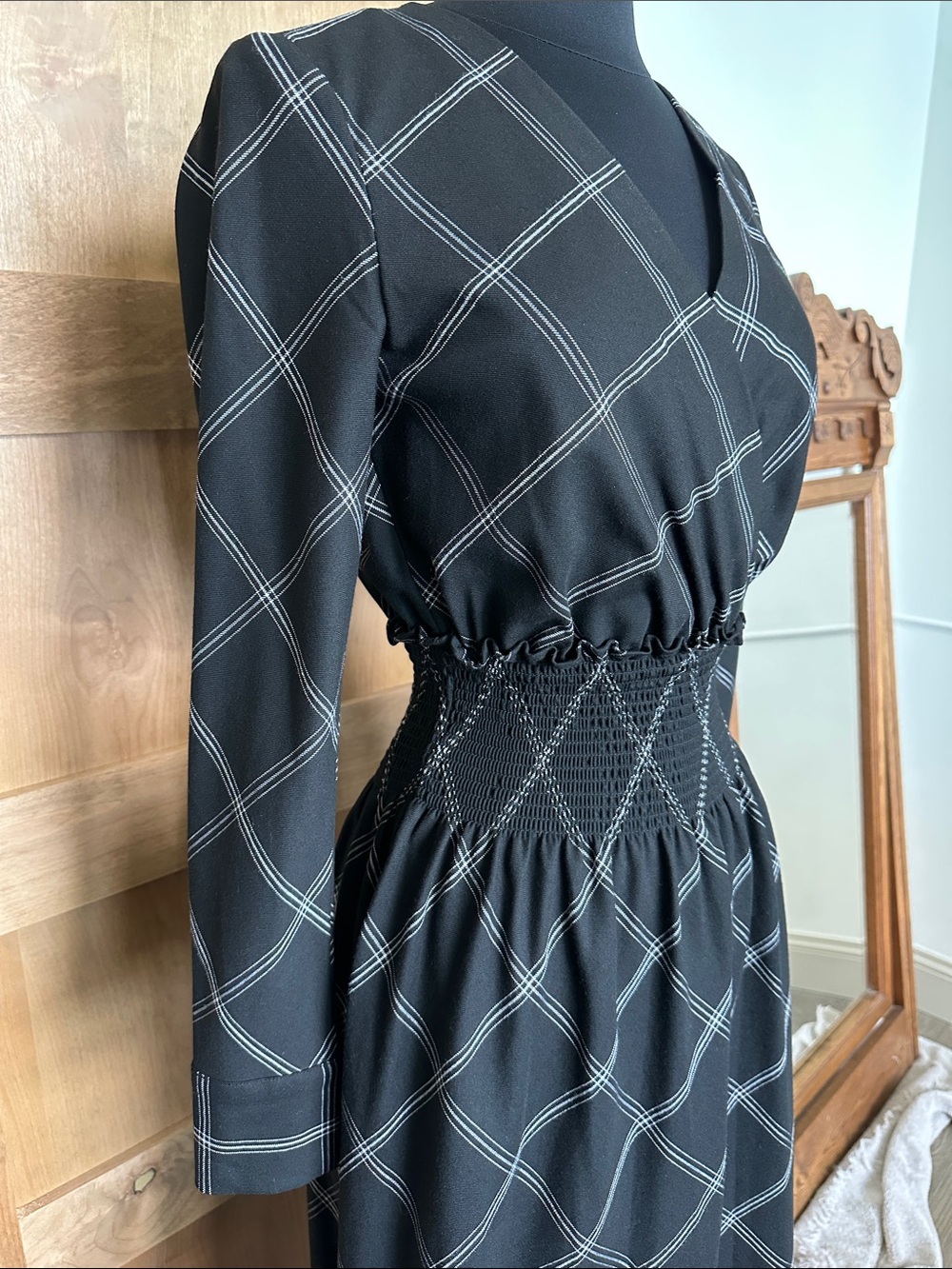 Black Scottish Vibes Windowpane Wrap Midi Dress XXS